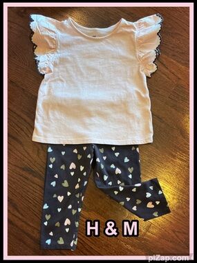 💗 H & M Flutter Sleeve Pale Pink Top & Charcoal Heart Leggings Set - Sz 3-4T